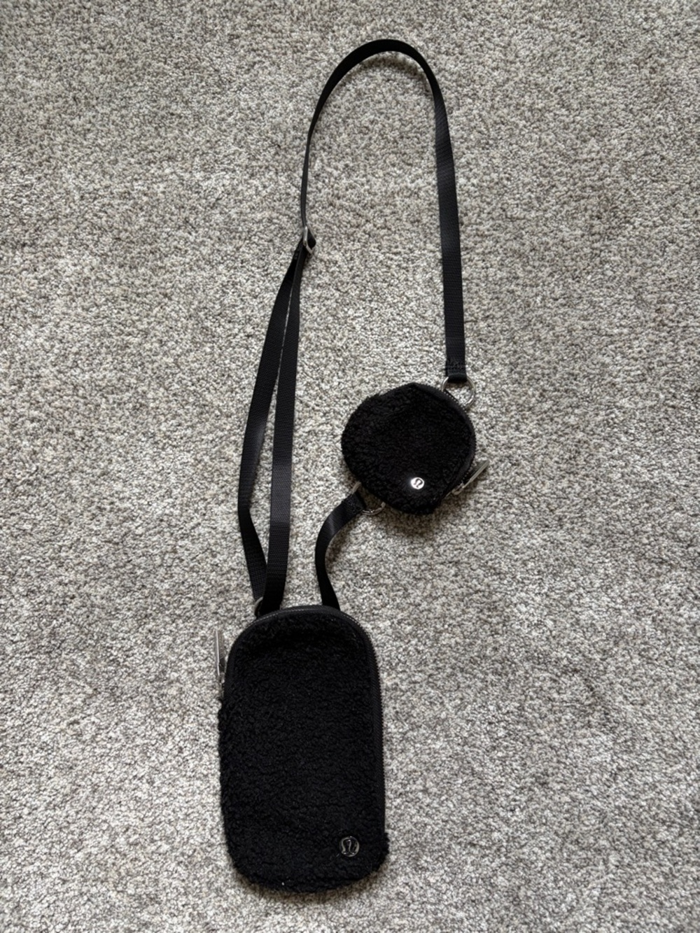lululemon athletica Black Shearling Crossbody Phone Bag with Coin Pouch